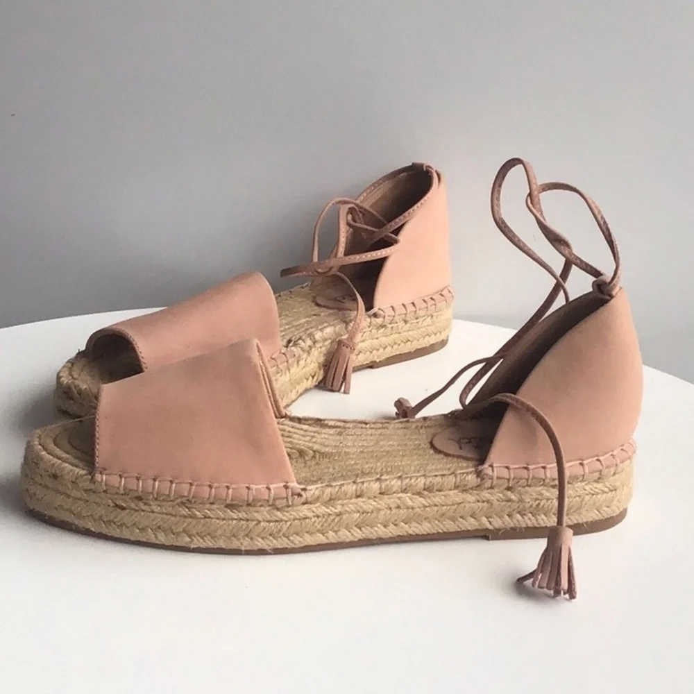 Splendid light Pink Espadrille tassels raffia platform flat ankle wrap Sandals
